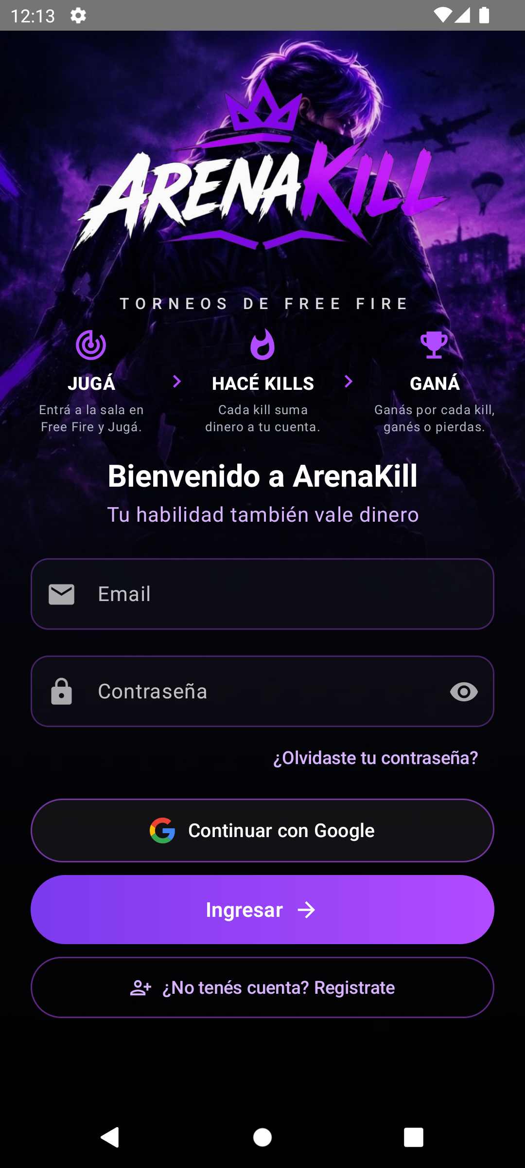 Pantalla de inicio de sesión de ArenaKill