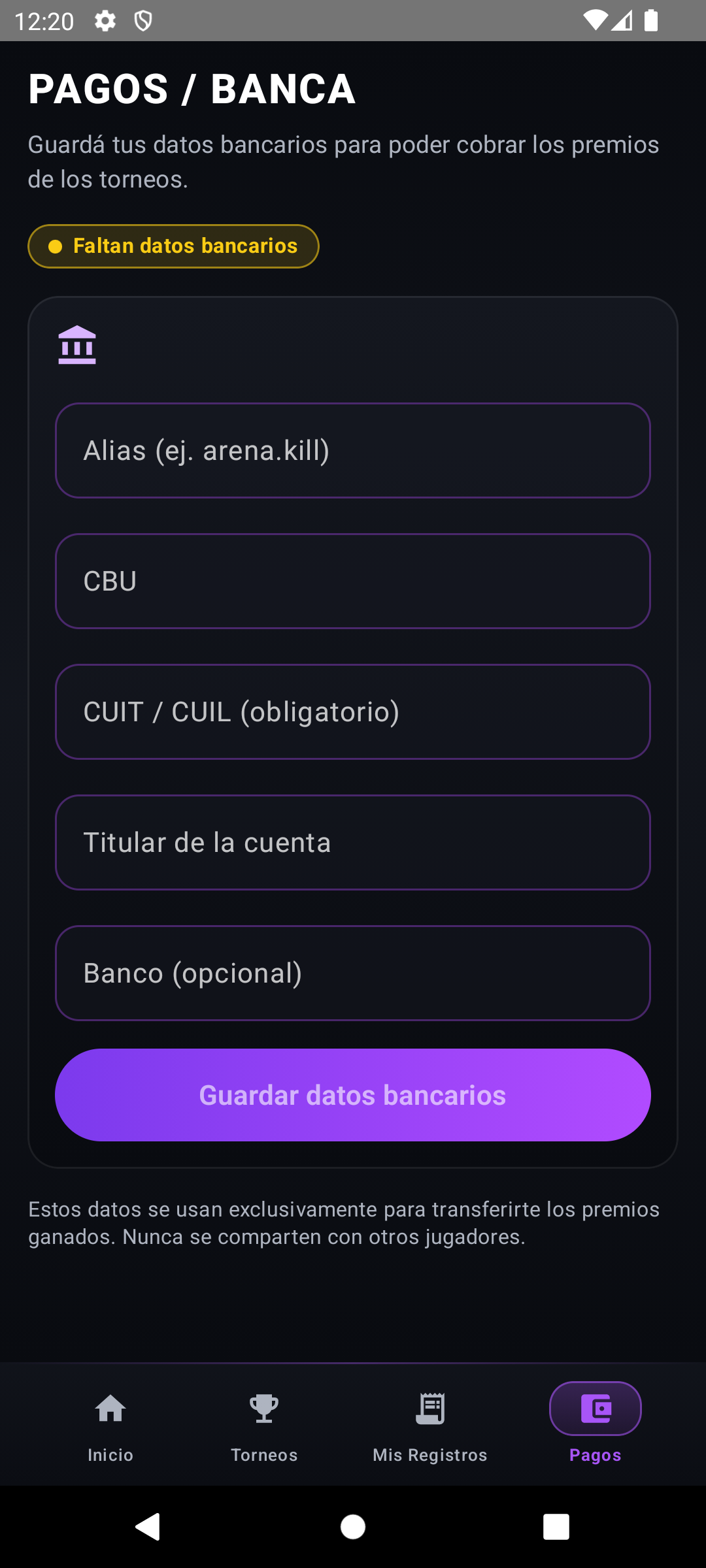Pantalla de pagos de ArenaKill